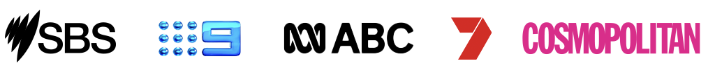 Logos for the following organisations: SBS, ABC, Channel 9, Channel 7, Cosmopolitan and 2AD Radio.